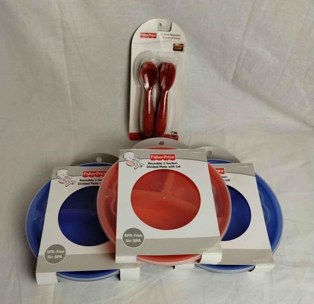 3 Fisher Price Reusable Three Section Divided Plates with 12 Forks Spoons